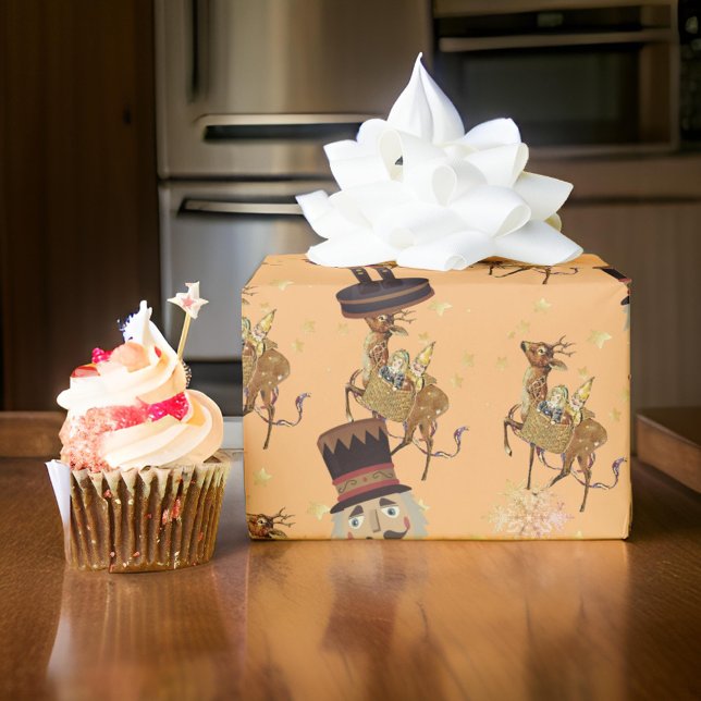   Nutcracker Peach Golden Snowflakes  Wrapping Paper (Creator Uploaded)