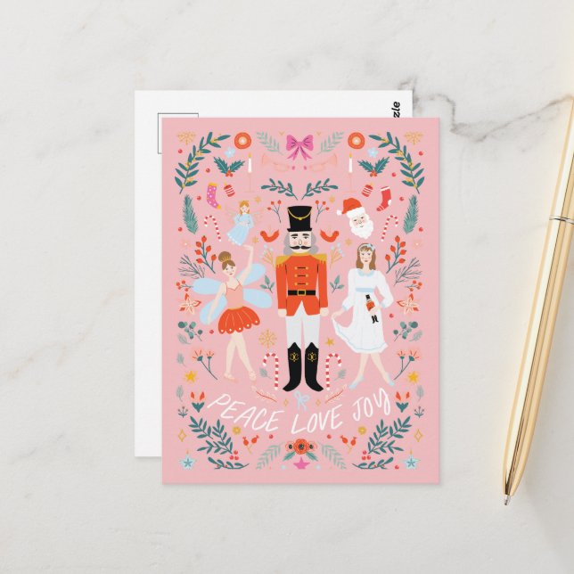 Nutcracker Peach Peace Love Joy Christmas Postcard (Front/Back In Situ)