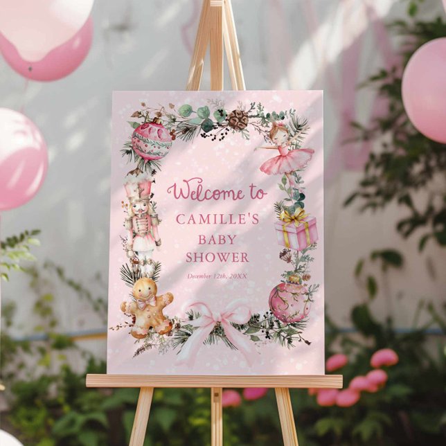 Nutcracker Pink Baby Shower Welcome Sign (Nutcracker Girl Baby Shower Welcome Sign)