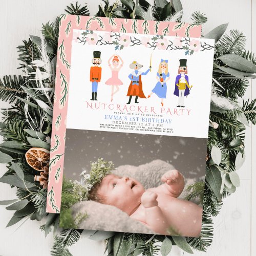 Nutcracker Pink Christmas 1st Birthday Photo Invitation