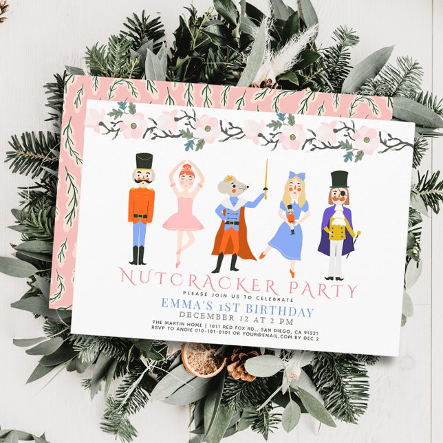 Nutcracker Pink Christmas Floral 1st Birthday Invitation (Creator Uploaded)