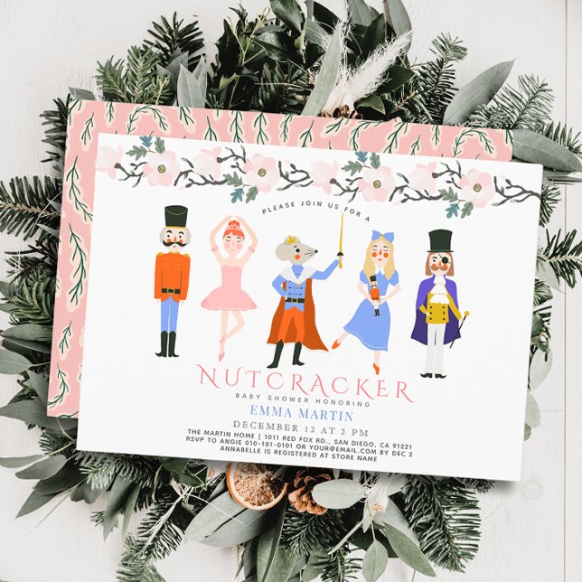 Nutcracker Pink Christmas Floral Baby Shower Invitation (Creator Uploaded)
