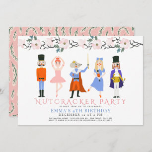 Nutcracker Pink Christmas Floral Girl Birthday Invitation
