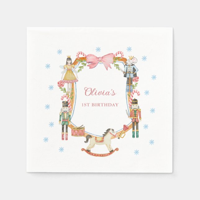 Nutcracker Pink Christmas Girl 1st Birthday Napkins (Front)