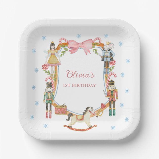 Nutcracker Pink Christmas Girl 1st Birthday Paper Plates (Front)