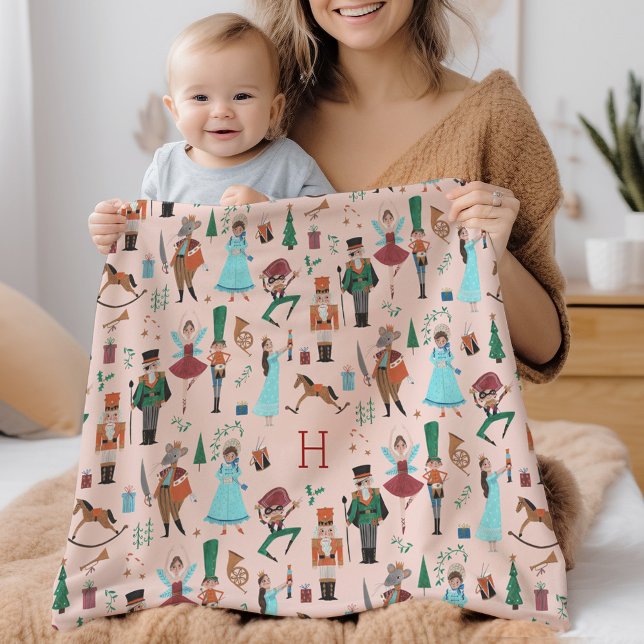 Nutcracker Pink Christmas Holiday Monogram Baby Blanket (Nutcracker Pink Christmas Holiday Monogram Baby Blanket)