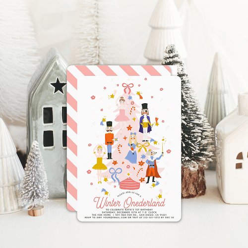 Nutcracker Pink Christmas Tree 1st Birthday Invitation