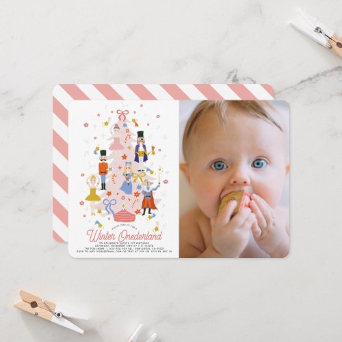 Nutcracker Pink Christmas Tree 1st Birthday Photo Invitation