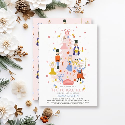 Nutcracker Pink Christmas Tree Baby Shower Invitation