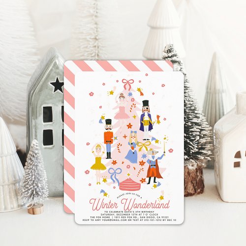 Nutcracker Pink Christmas Tree Girl Birthday Invitation