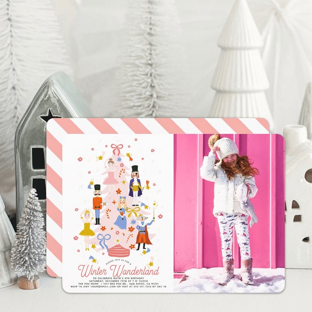 Nutcracker Pink Christmas Tree Girl Birthday Photo Invitation (Creator Uploaded)