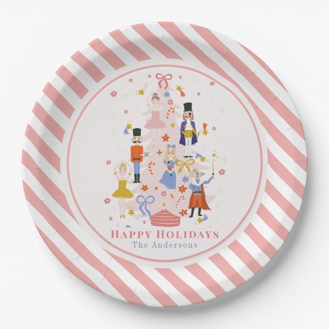 Nutcracker Pink Christmas Tree Holiday Paper Plates (Front)