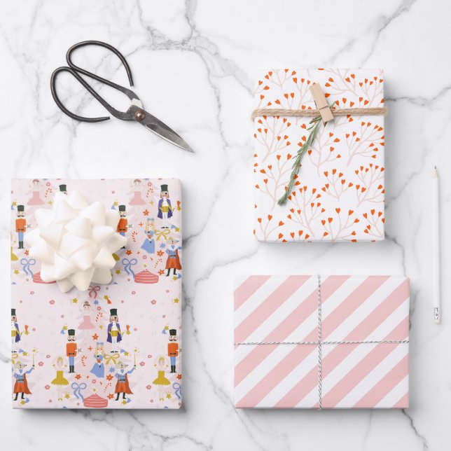 Nutcracker Pink Christmas Tree Holiday Wrapping Paper Sheets (Front)