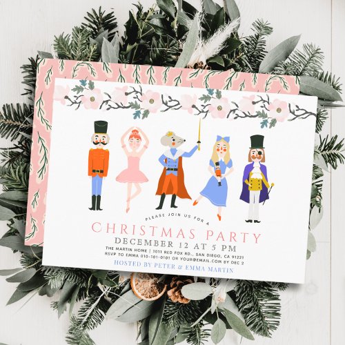 Nutcracker Pink Floral Christmas Holiday Party Invitation