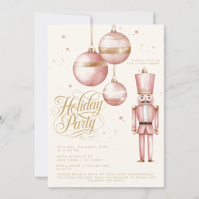Nutcracker Pink Gold Ornaments Holiday Party Invitation (Front)