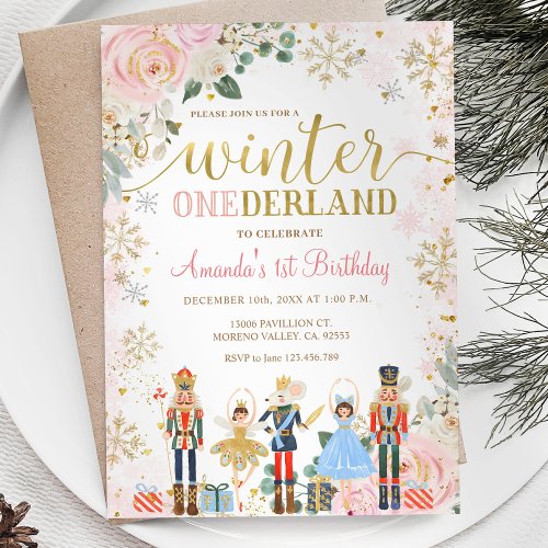 Nutcracker Pink Snowflakes Onederland Birthday Invitation