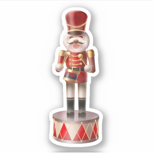 Nutcracker Puppy: Smiling Bichon Drummer Sticker (Front)