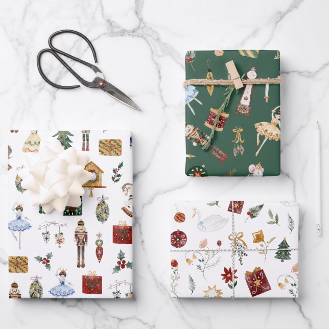 Nutcracker red gold ballerina birthday party wrapping paper sheets (Front)