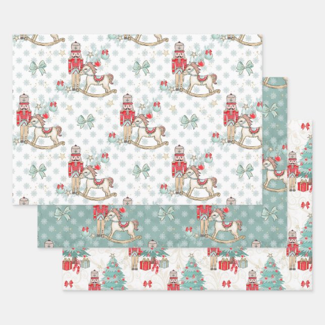 Nutcracker, rocking horse, Christmas tree Wrapping Paper Sheets (Set)