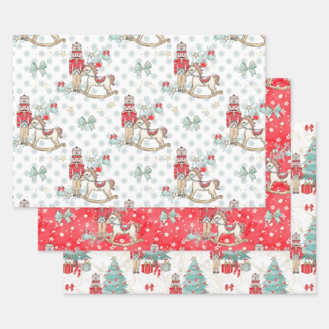 Nutcracker, rocking horse, Christmas tree Wrapping Paper Sheets (Set)