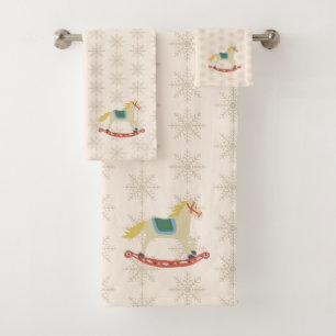 Nutcracker Rocking Horse Snowflake Pattern Holiday Bath Towel Set