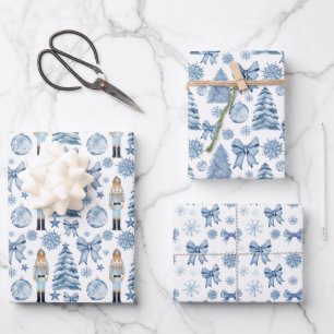 Nutcracker silver blue bows Christmas gift Wrapping Paper Sheets