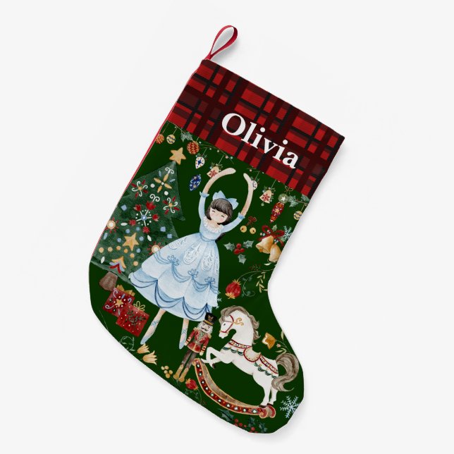Nutcracker Soldier Ballet Clara Red Gingham Green Small Christmas Stocking (Front (Hanging))
