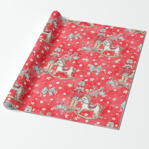 Nutcracker Soldier Pony Wrapping Paper Red