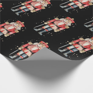 Nutcracker Soldier Snow Red Uniform on Black Wrapping Paper