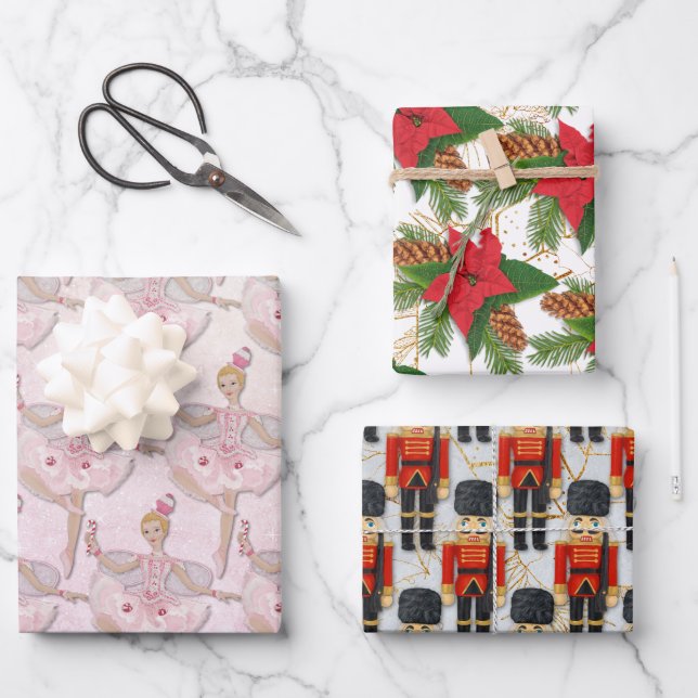 Nutcracker Soldier Sugar Plum Fairy Christmas Wrapping Paper Sheets (Front)