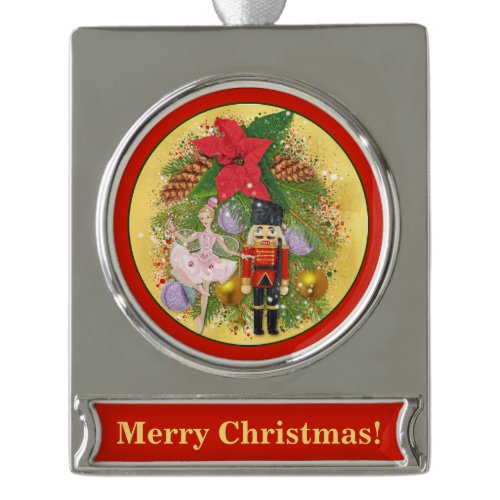 Nutcracker Soldier Sugar Plum Fairy Christmas Xmas Silver Plated Banner Ornament