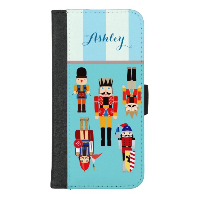 Nutcracker Soldiers Blue Stripes Custom Name iPhone Wallet Case (Front)