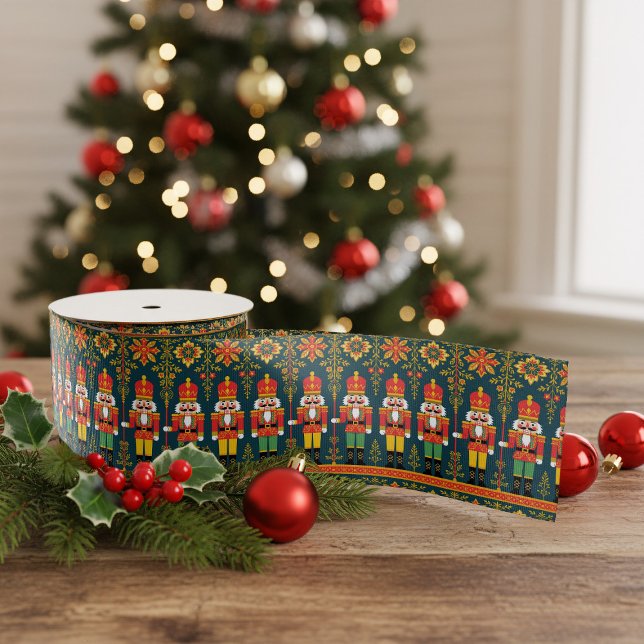 Nutcracker Soldiers Folk Art Christmas Ribbon (Elevate your holiday presents with our charming Nutcracker ribbon! Perfect for a festive touch.)