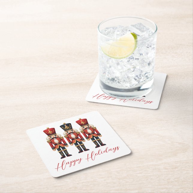 Nutcracker Soldiers Happy Holiday Square Paper Coaster (Insitu)