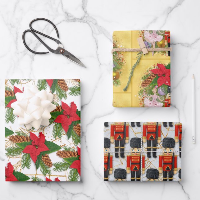 Nutcracker Sugar Plum Fairy Poinsettia Christmas Wrapping Paper Sheets (Front)