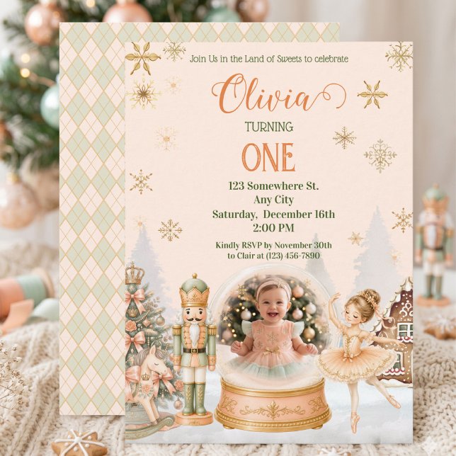 Nutcracker Sugar Plum Peach Mint Photo Snow Globe Invitation (Creator Uploaded)