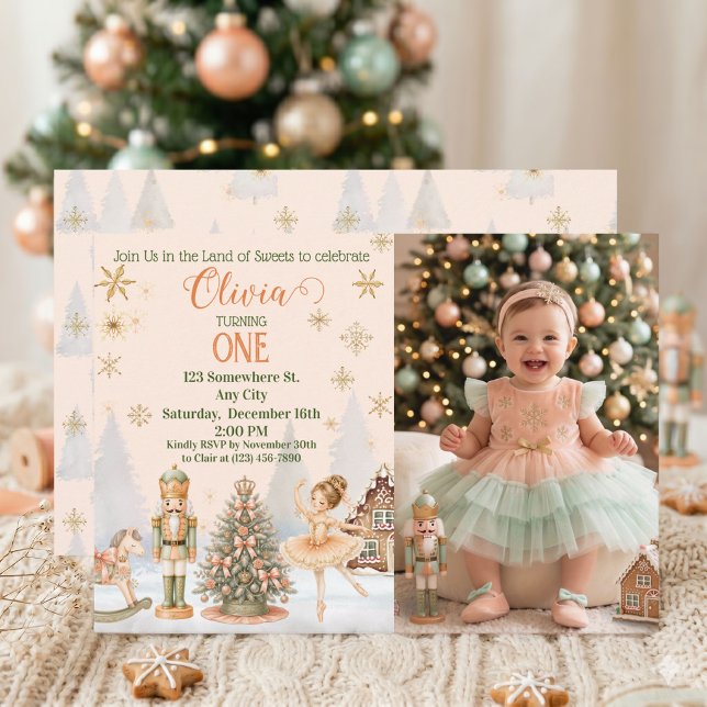 Nutcracker Sugar Plum Peach Mint Sweet One Photo Invitation (Creator Uploaded)