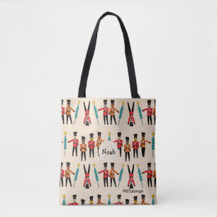 Nutcracker toy soldiers and teddy bear train tote bag