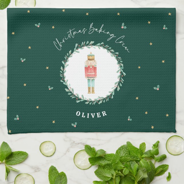 Nutcracker traditional botanical green Christmas Kitchen Towel (Folded)