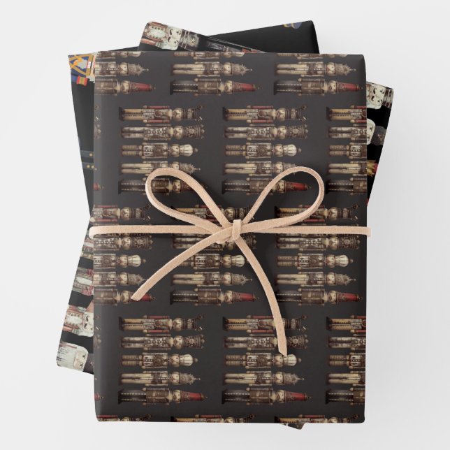Nutcracker Trio Christmas Black Wrapping Paper Sheets (In situ)