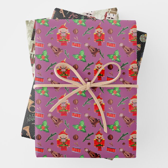   Nutcracker Trio Plum  Black Green Wrapping Paper Sheets (In situ)