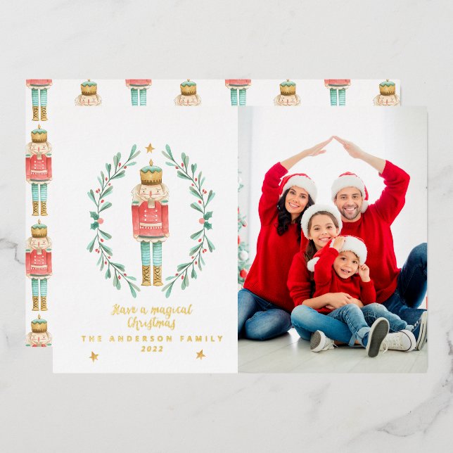 Nutcracker watercolor botanical 1 photo  foil holiday card (Front/Back)