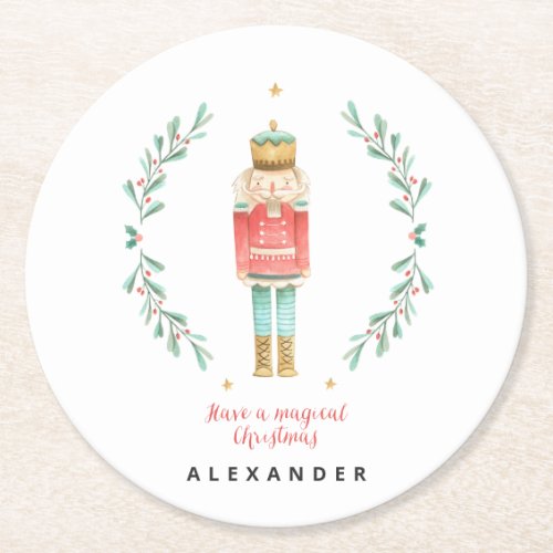 Nutcracker watercolor botanical cute Christmas Round Paper Coaster