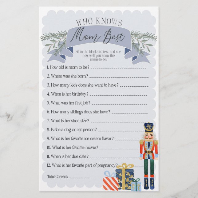 nutcracker who knows mom best baby shower game (Front)