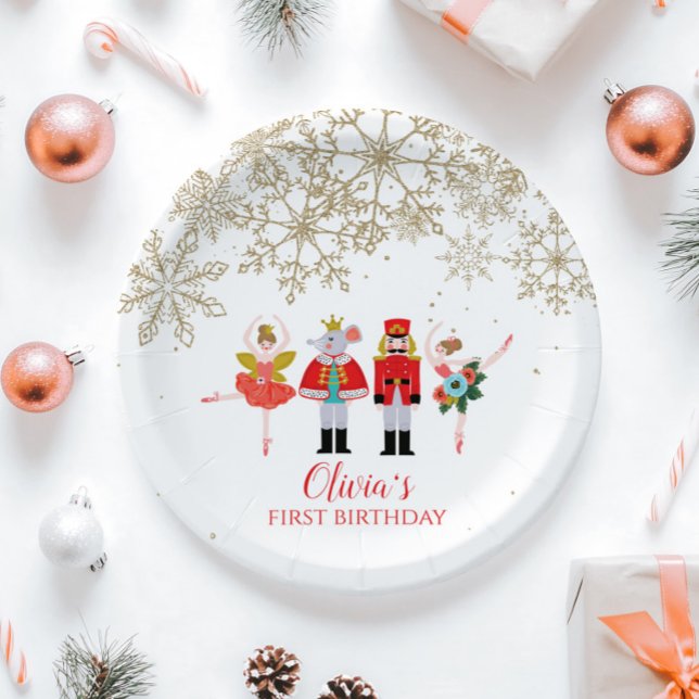 Nutcracker Winter Ballet Gold Snowflake Birthday Paper Plates (Creator Uploaded)