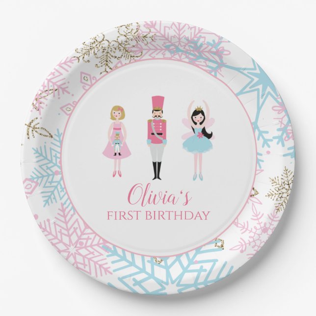 Nutcracker Winter Ballet Snowflake Birthday Paper Plates (Front)