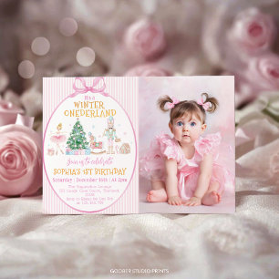 Nutcracker Winter Onederland Pink Birthday Photo Invitation