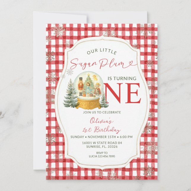 Nutcracker Winter Snowflakes Birthday Red Gingham Invitation (Front)