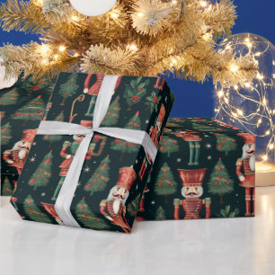 Nutcrackers and Christmas Trees Black Christmas Wrapping Paper