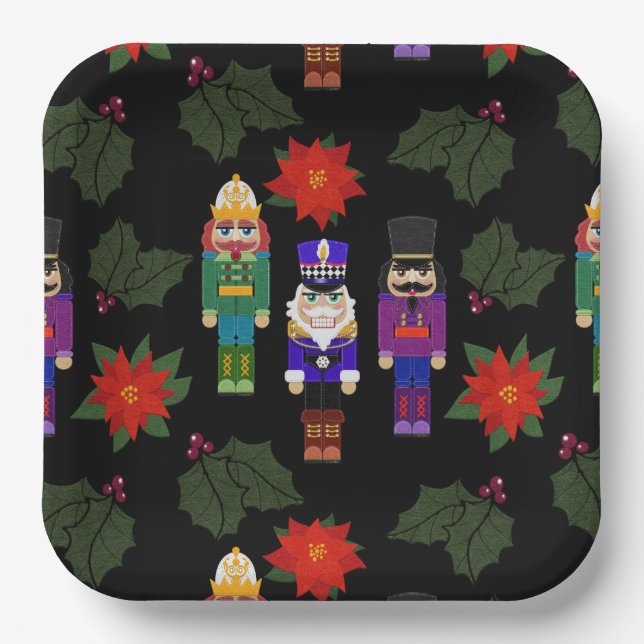 Nutcrackers Soldiers Faux Felt Style Whimsical Paper Plates (Front)